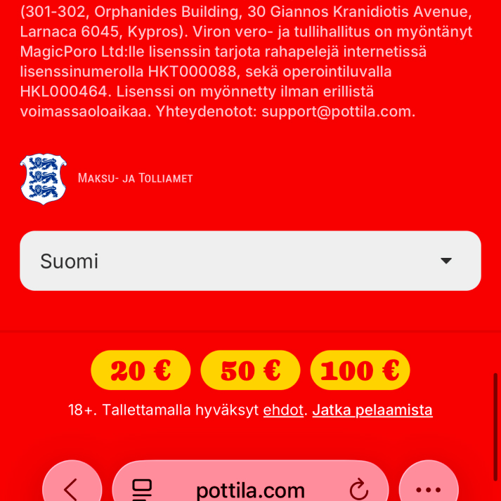 Uuden nettikasinon lisenssitiedot ja operaattorin tiedot näkyvissä Pottila-kasinon sivun alalaidassa