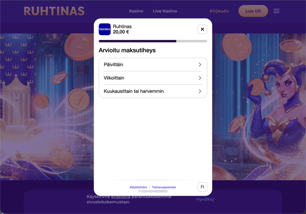 Ruhtinas nettikasino – talletusikkuna, jossa kysytään arvioitua maksutiheyttä (päivittäin, viikoittain tai kuukausittain) ennen talletuksen vahvistamista