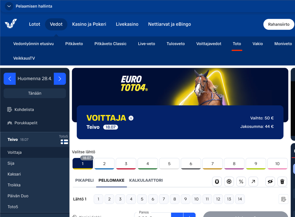 Kuvakaappaus Veikkauksen verkkosivulta, jossa näkyy Toto-pelin Euro Toto4 -näkymä ja vedonlyöntivalikko.