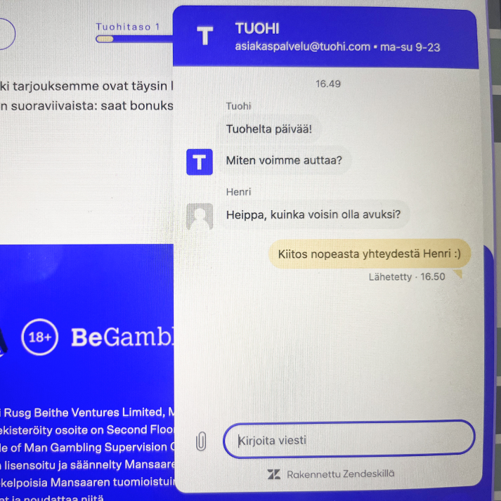 Tuohi-nettikasinon Henri-niminen asiakaspalvelija on vastannut keskusteluikkunassa, Rahapelisanomat testaaja kiittää nopeasta vastauksesta.
