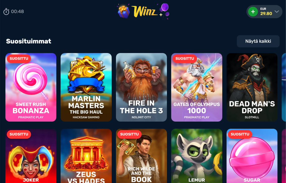Winz Casino aula. Pelinimikkeitä kuten Sweet Rush Bonanza, Marlin Masters, Fire in the hole 3, Gates of olympus 1000, ja Dead mans drop.