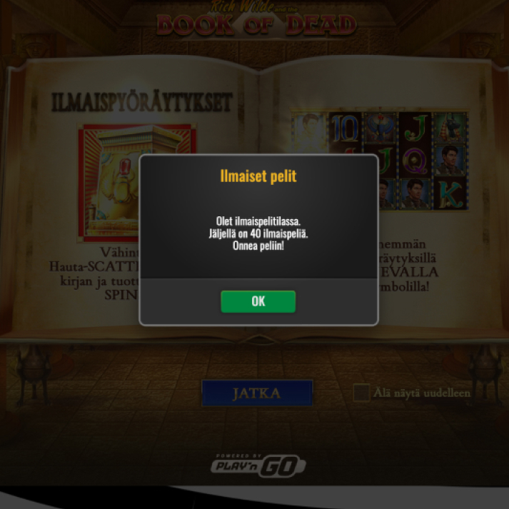 Testaaja on saanut 40 ilmaiskierrosta Book of Dead -kasinopeliin