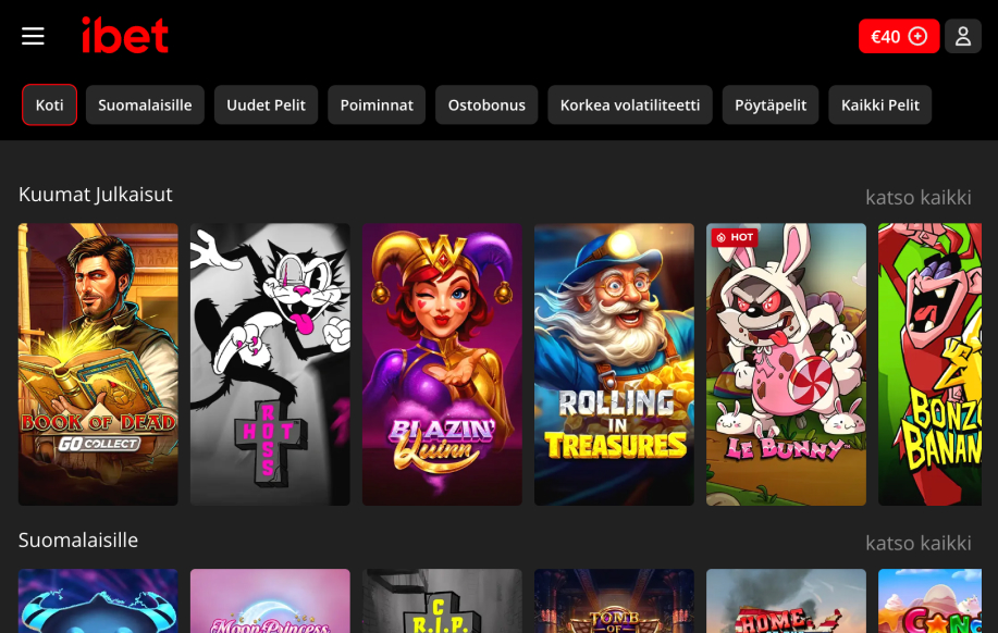 iBet casinoaula, kategoriana näkyy kuumia pelejä. Rahapelisanomat testaajan saldo 40 €.