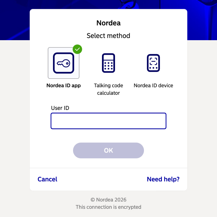 Nordea tunnistautumisnäkymä, jossa pelaaja vahvistaa pikakasino talletuksen pankin sovelluksella tai tunnuslukulaitteella