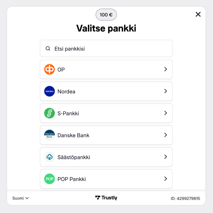 Trustlyn pankkivalintaikkuna, jossa pelaaja valitsee oman pankkinsa pikakasino talletusta varten