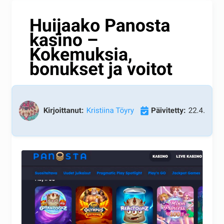 Rahapelisanomien kirjoittama arvostelu uudesta nettikasinosta jossa näkyy otsikko kokemuksista, bonuksista ja voitoista
