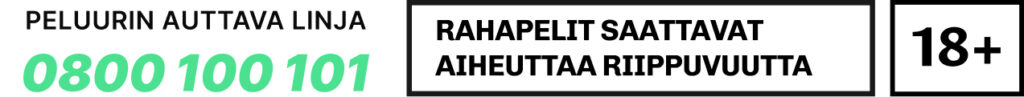 Varoituspalkki kertoo Peluurin auttavasta linjasta sen puhelinnumero 0800 100 101. Lisäksi ikärajakehoite ja teksti "Rahapelit saattavat aiheuttaa riippuvuutta".