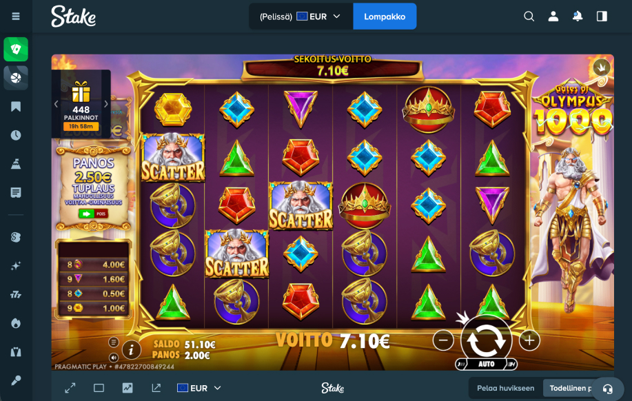 Gates of Olympus 1000 peli auki Stake nettikasinolla Rahapelisanomat testissä. Käyttöliittymästä näkee että kyseessä on nettikasino eikä kryptokasino sillä pelaajan valuuttana on eurot. Testaajan saldo 51 € ja peli antanut juuri 7 € voiton.