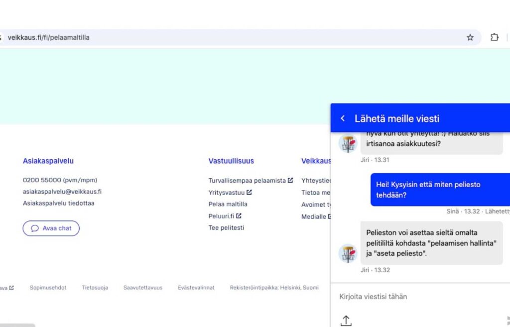 Kuvassa Veikkauksen sivuilta live chat tilanne, jossa kysytään pelieston asettamisesta itselle. Veikkaus esto Rahapelisanomat