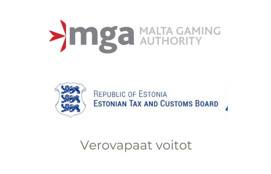 Kuvassa näkyy MGA eli Maltan lisenssin logo ja Viron Estonian Tax and Customs Boerd logo. Sekä teksti verovapaat voitot, joka viittaa Maltan ja Viron lisenssien kasinoiden verovapauteen.