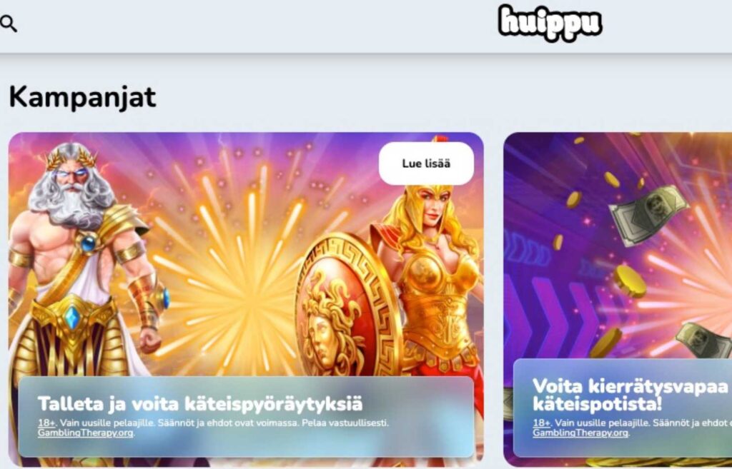 Kuvassa näkyy Huippu kasinon näkymästä yksityiskohta jossa esitellään käteisbonuksia ja kierrätysvapaita ilmaiskierroksia. Maskotteina antiikin Kreikan hahmoja.