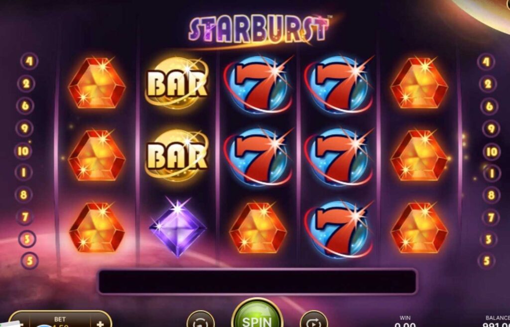 Kuvassa näyttönäkymä Starburst pelistä. Ilmaiskierrokset ilman talletusta kokemuksia Rahapelisanomat