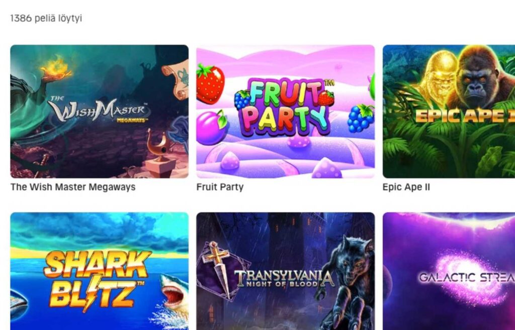 Kuvassa veikkauksen Kolikkopelit osaston pelejä kuten Fruit party ja Shark Blitz. Kolikkopelit Veikkaus Rahapelisanomat