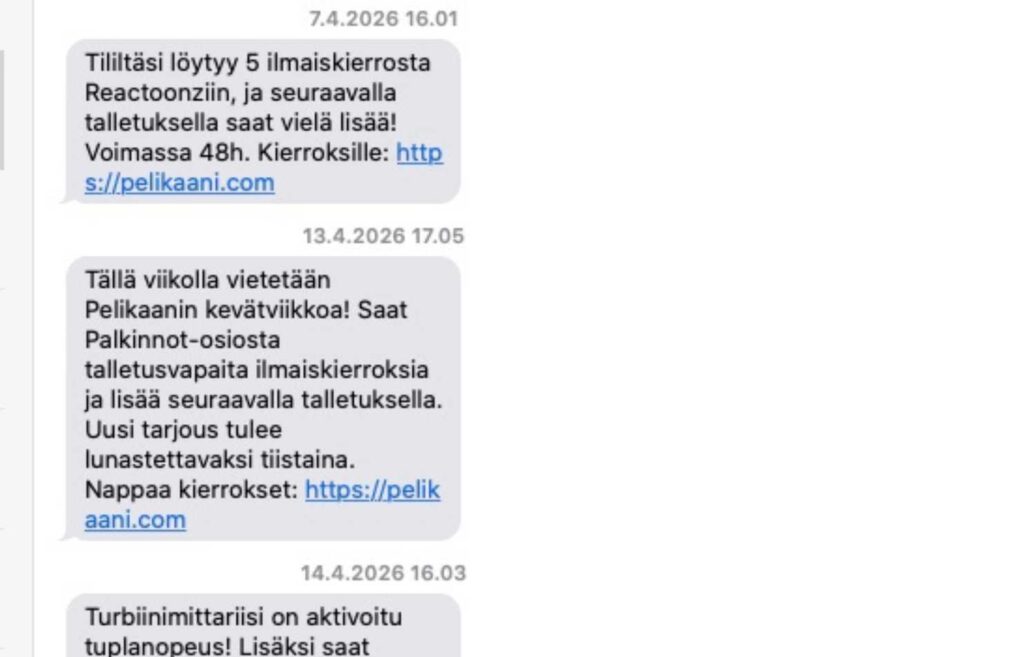 Kuva tekstiviesteistä Pelikaani kasinolta. Pelikaanin kevättarjouksena palaavalle Rahapelisanomien pelaajalle annettiin ilmaiskierroksia  ilman talletusta. Mitä ilmaiskierrokset ilman talletusta ovat Rahapelisanomat