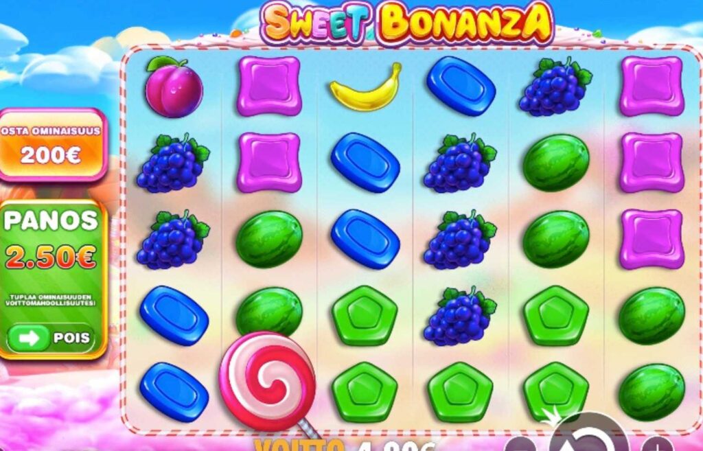 Kuvassa Sweet Bonanza pelin näkymä jossa panos 2,50 euroa. Mitkä ovat korkean volatiliteetin kolikkopelejä Rahapelisanomat