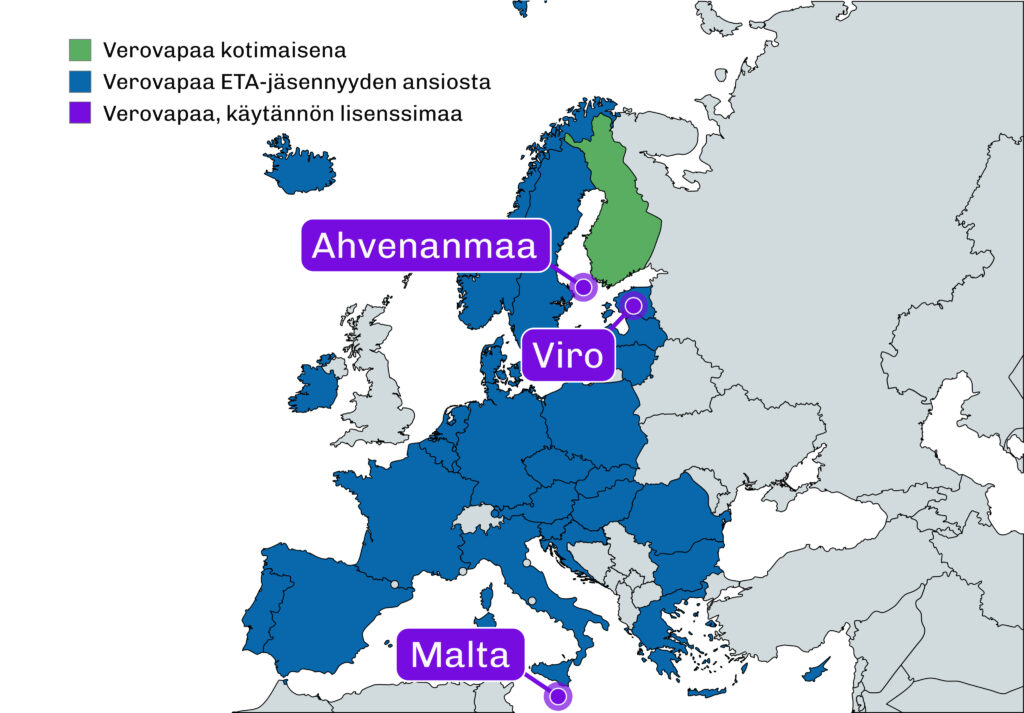 Kartta Euroopasta, jossa on merkitty Suomeen suunnattujen verovapaiden nettikasinoiden kolme käytännön lisenssimaata: Ahvenanmaa, Viro ja Malta. Suomi on vihreällä (kotimainen verovapaus) ja muut ETA-maat sinisellä (verovapaa ETA-jäsenyyden ansiosta).