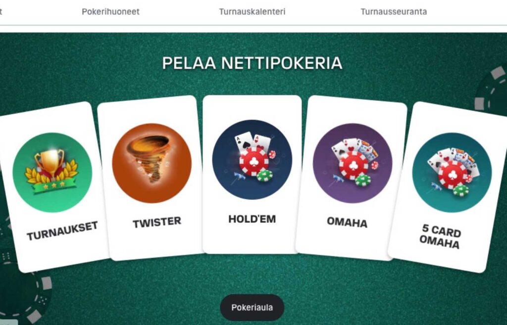 Kuvassa näkyy Veikkauksen nettipokeri vaihtoehtoja, kuten Hold em ja Omaha ja myös turnauksia. Nettipokeri Veikkaus Rahapelisanomat