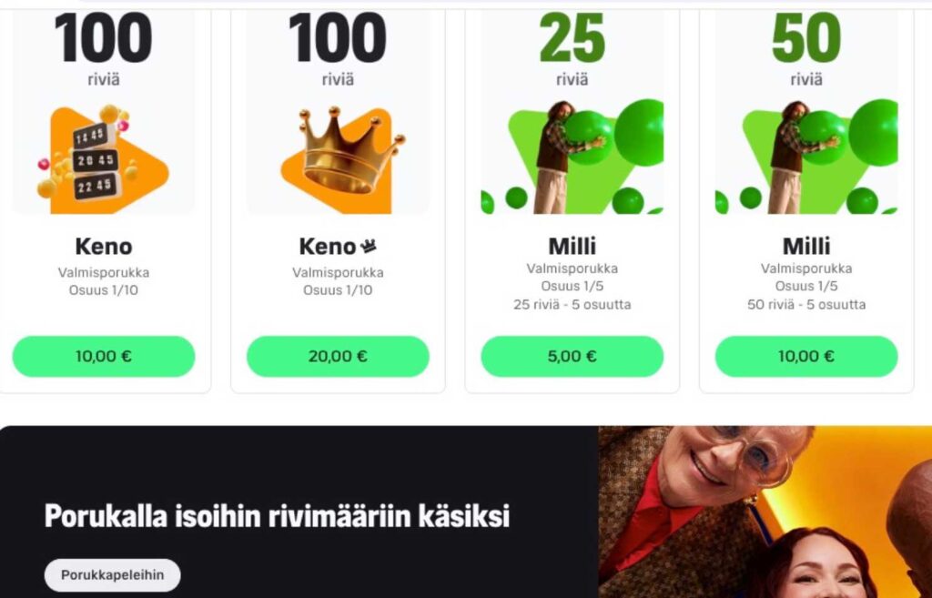 Kuvasa näkyy Porukkapelit osasto Veikkauksen sivuilta. Porukkapelit - pelaamisen tapa Veikkauksen arvontapeleissä Rahapelisanomat