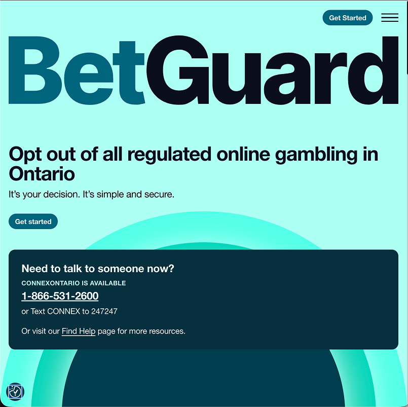 Kuvankaappaus BetGuard-verkkosivulta. Mahdollisusu tehdä self-exclude, lisäksi puhelinnumero rahapelihaittojen selivtykseen.