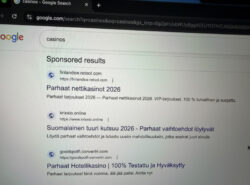 Google "Casinos" haussa käyttäjälle näytetään suomenkielisiä nettikasinomainoksia missä viitataan vuoteen 2026. Mainosten kohdeosoitteet näyttävät epäilyttäviltä, kuten kirxxio.online.