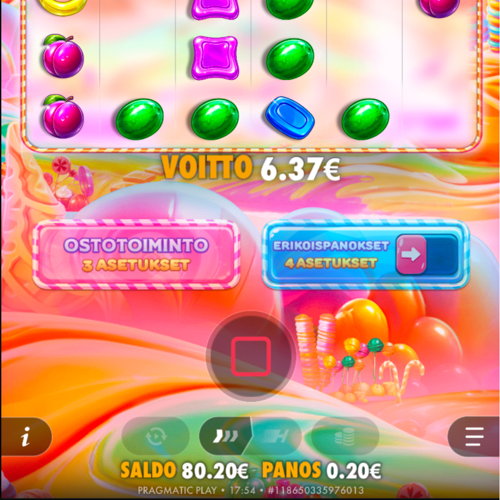 Rahapelisanomien testaajalla auki Sweet Bonanza peli Hillo Casinolla. Peli on antanut noin 6 euron voiton.