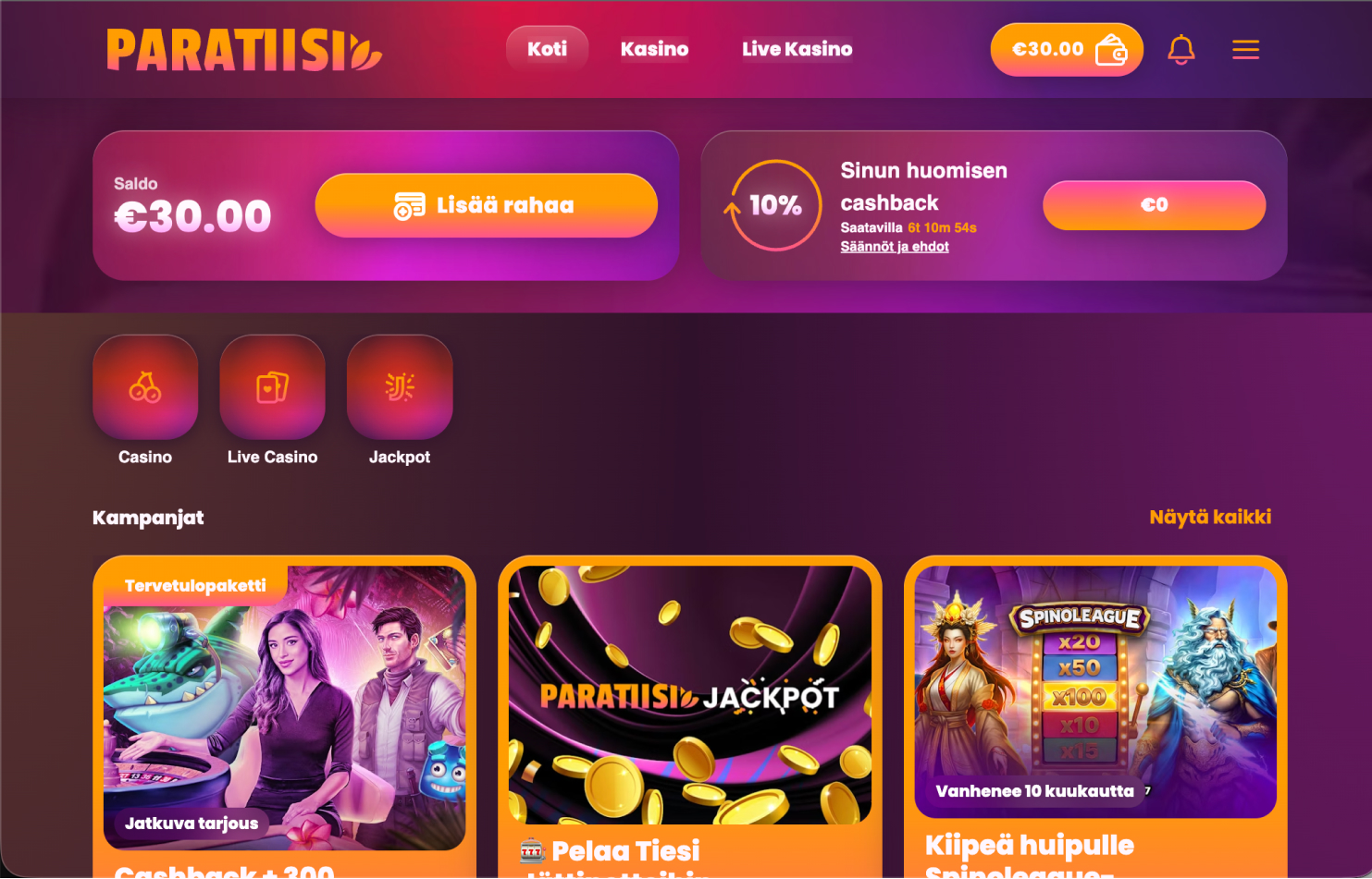 Paratiisi-nettikasinon aulassa näkyy sen bonukset
