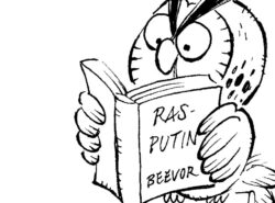 Pöllö lukee "Rasputin" kirjaa.