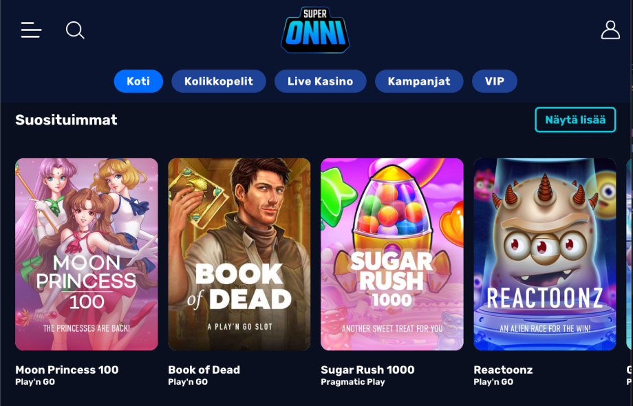 Superonni nettikasinon aulassa näkyy suomalaisille tuttuja kasinopelejä kuten Book of Dead ja Reactoonz.