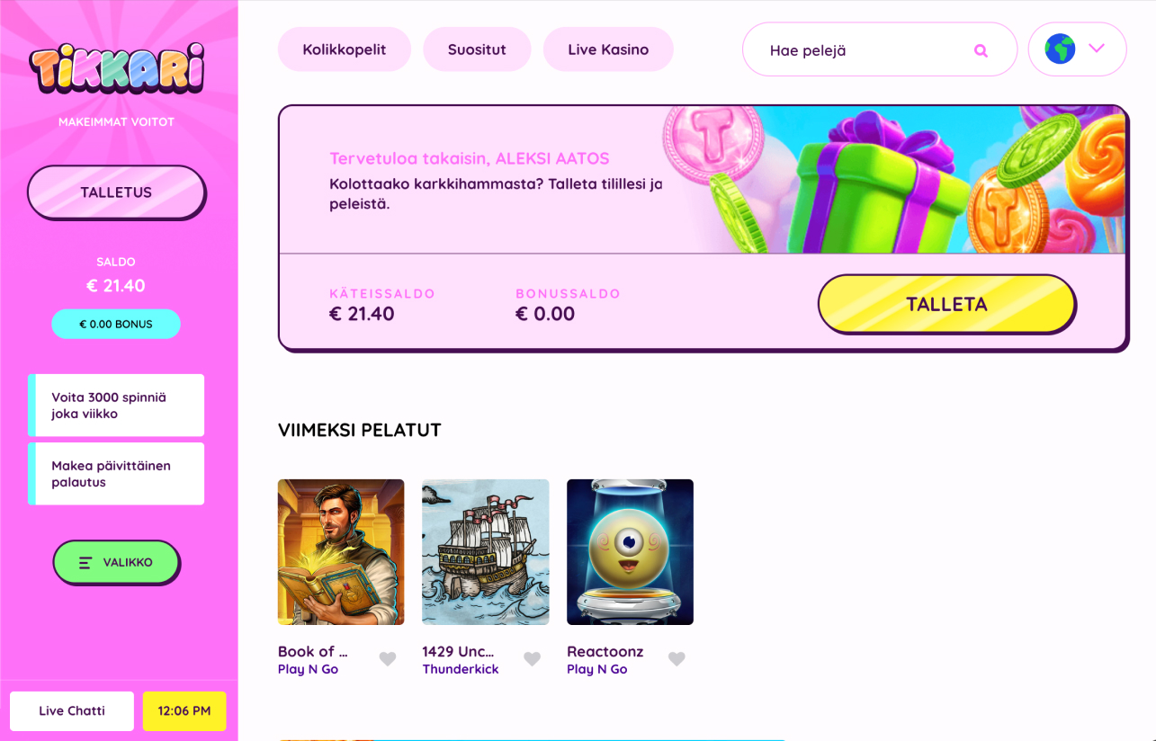 Rahapelisanomat testaaja Aleksi Virtanen kirjautunut Tikkari nettikasinolle. Käteissaldo 21,40 € ja viimeksi pelattuja pelejä Book of Dead Go Collect, 1429 Uncharted Seas ja Reactoonz. Kasinon teema on tehty makeisten ympärille.