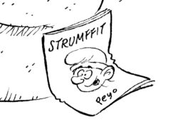 Piirroksessa näkyy repeytynyt “Strumffit”-lehti, jonka kannessa on smurffihahmoa muistuttava piirros. Lehti makaa lattialla osana poliittista pilapiirrosta.