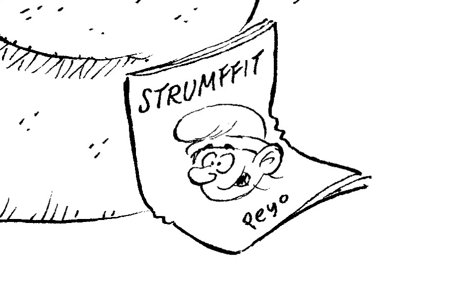Piirroksessa näkyy repeytynyt “Strumffit”-lehti, jonka kannessa on smurffihahmoa muistuttava piirros. Lehti makaa lattialla osana poliittista pilapiirrosta.