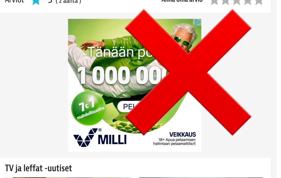 Milli-mainos peitetty punaisella äksällä. Sivuna näyttää olevan Iltalehti TV-opas.