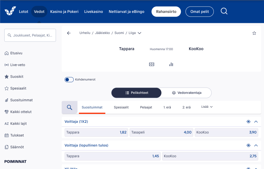 Veikkaus vedonlyönti netissä. Auki SM-liiga Tappara vs. Kookoo kertoimia keväällä 2026. Tappara suosikki 1,45 vs 2,75 kertoimet.