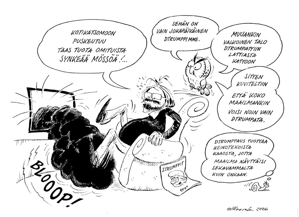 Pilapiirroksessa mies katsoo televisiosta leviävää tummaa savupilveä ja pohtii “omituisia synkeitä mössöjä”. Vieressä oleva pöllö kommentoi “Dtrumppia”, ja lattialla näkyy “Strumffit”-lehti. Piirros käsittelee kaoottista ja meluisaa uutisympäristöä satiirin kautta.