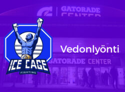 Rahapelisanomat Ice Gage 8 –vedonlyönti banneri. Taustalla Gatorade Center. Etualalla Ice Cage 8 logo ja teksti "Vedonlyönti".