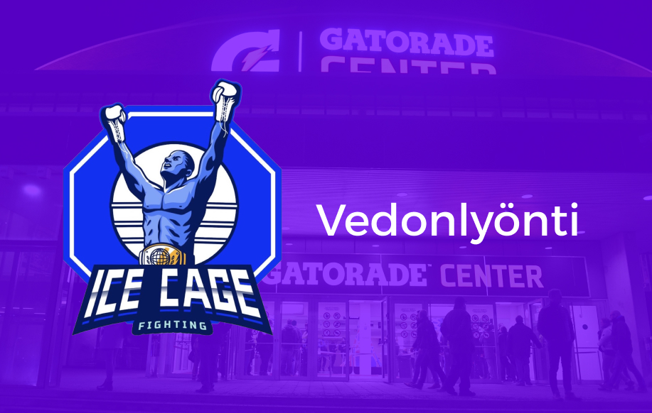Rahapelisanomat Ice Gage 8 –vedonlyönti banneri. Taustalla Gatorade Center. Etualalla Ice Cage 8 logo ja teksti "Vedonlyönti".