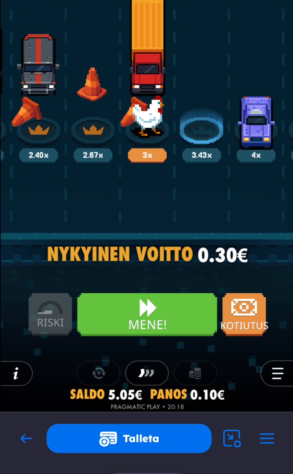 Rahapelisanomat testaajalla auki Panosta nettikasino ja Pragmatic Play -valmistajan kanapeli. Testaajan saldo 5,05 €, panos 0,10 € ja nykyinen voitto 0,30 €.