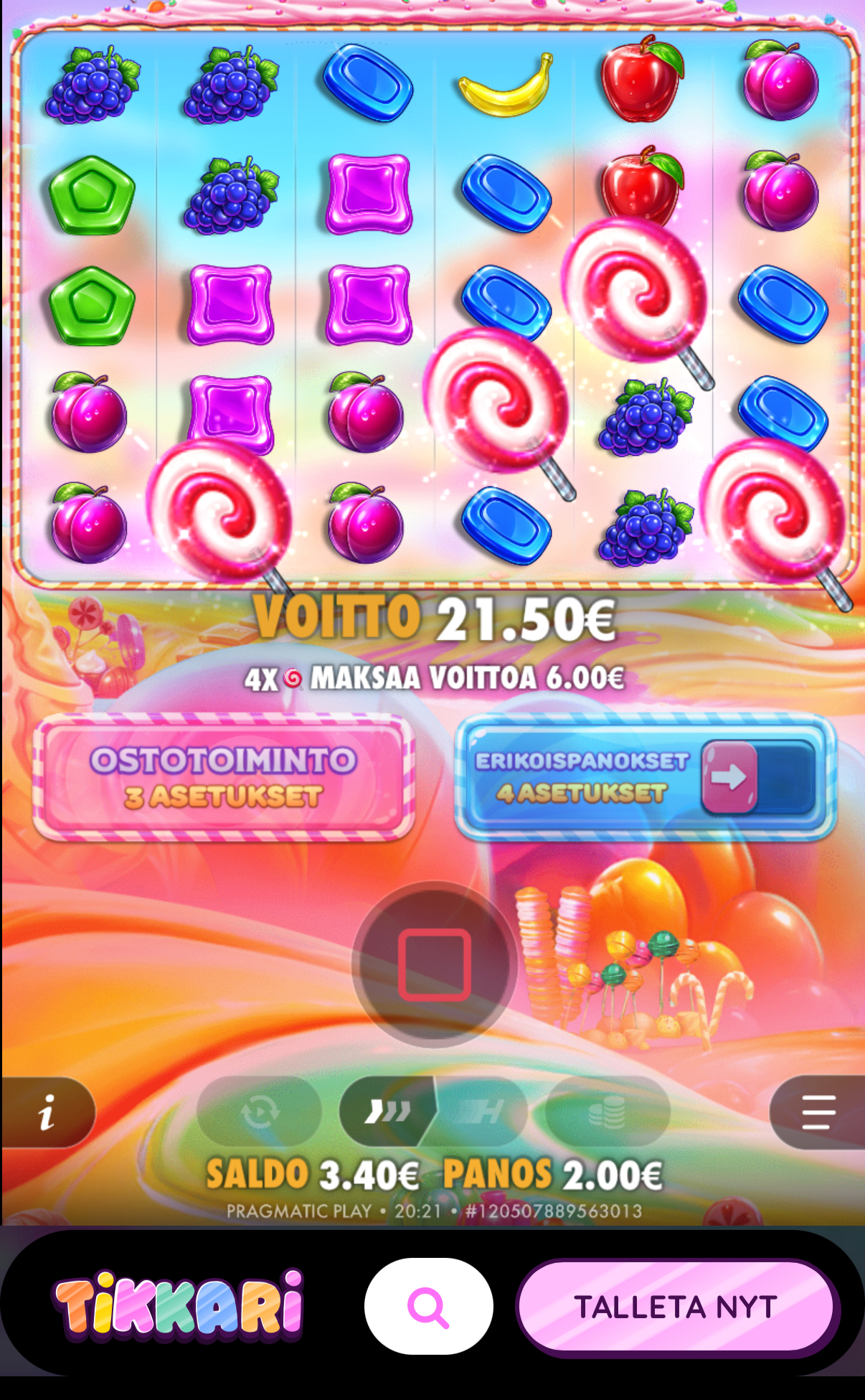 Rahapelisanomat testaajalla auki Tikkari nettikasino ja Pragmatic Play -valmistajan Sweet Bonanza -peli. Testaaja päässyt bonariin: voitto 21,50 €, 4x-kerroin maksaa 6,00 €. Panos 2,00 €, saldo 3,40 €.