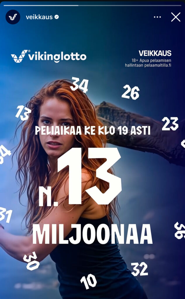 Instagram mainoksessa nainen lyö tennistä. Vikinglotto mainos. Potti 13 miljoonaa euroa. Peliaika ke klo 19 asti. 