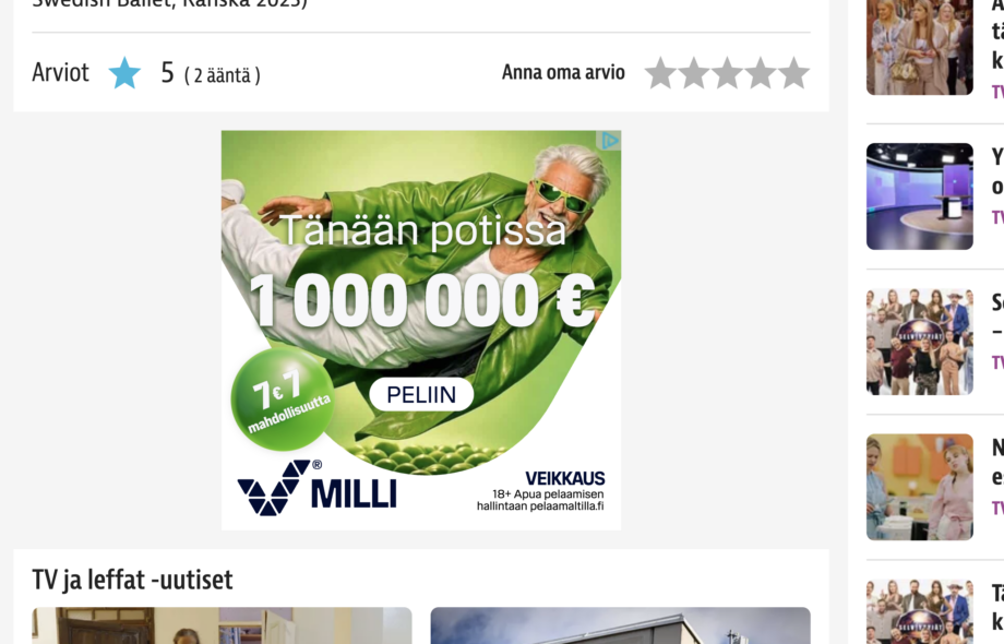 Veikkaus Milli-mainos iltalehden sivulla.