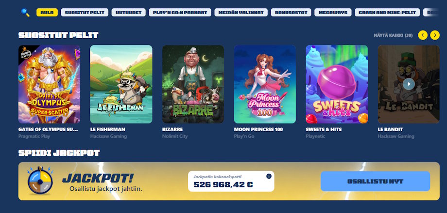 Spiidin pelivalikoima Spiidi Casinon aulassa. Kuvassa Gates of Olympus, Le Fisherman, Bizarre, Moon Princess, Sweets & hits ja Le Bandit pelit. 