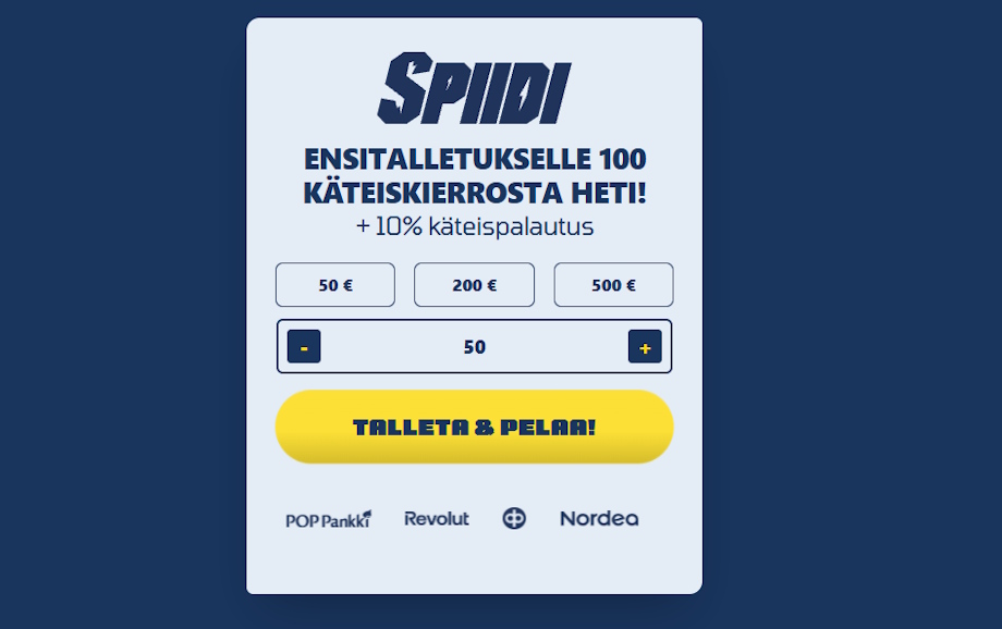Spiidi talletus ja rahansiirto kasinolle, Kuvassa talleta ja pelaa toiminto joka ohjaa Brite maksupalveluun. 