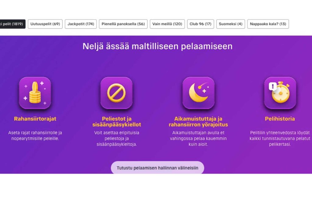 Kuvassa Veikkauksen sivuston maltillisen palaamisen näkymä Vastuullinen pelaaminen Veikkauksella Rahapelisanomat