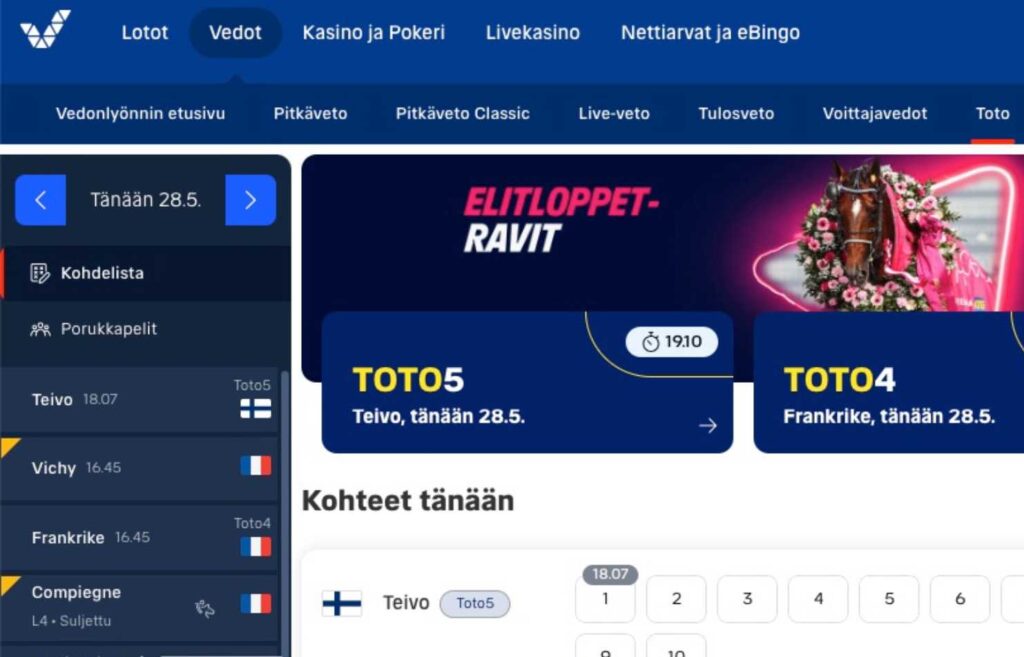 Kuvassa veikkauksen sivuston Toto osasto jossa Elitloppet-ravit mainos. Vedonlyönti ja toto Veikkaus Rahapelisanomat
