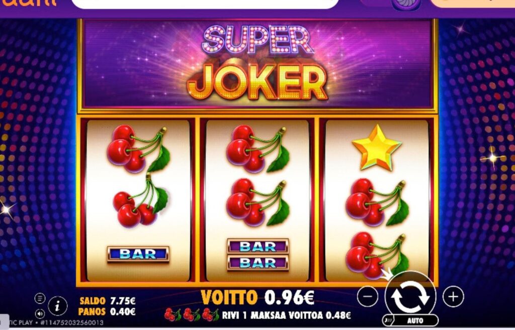 Kuvassa Super Joker pelin kuvakaappaus, jossa voitettu rahaa 96 senttiä. Voiko ilmaisikierroksilla ilman talletusta voittaa oikeaa rahaa Rahapelisanomat