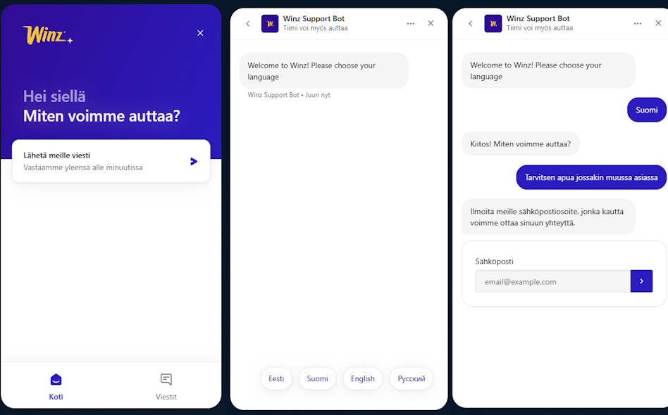 Chat keskustelu Winz asiakaspalvelun kanssa.