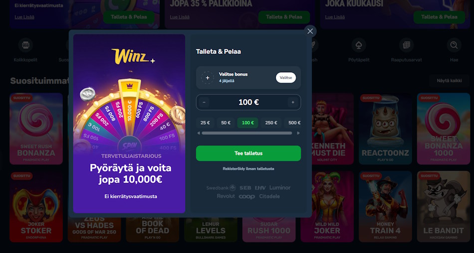 Kuva jossa esitetään miten Winzille tehdään talletus Trustlyllä.