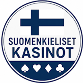 Sinivalkoinen logo jossa Suomen lippu ja teksti "suomenkieliset kasinot". Osiossa käsitellään suomenkielisiä kasinoita. 