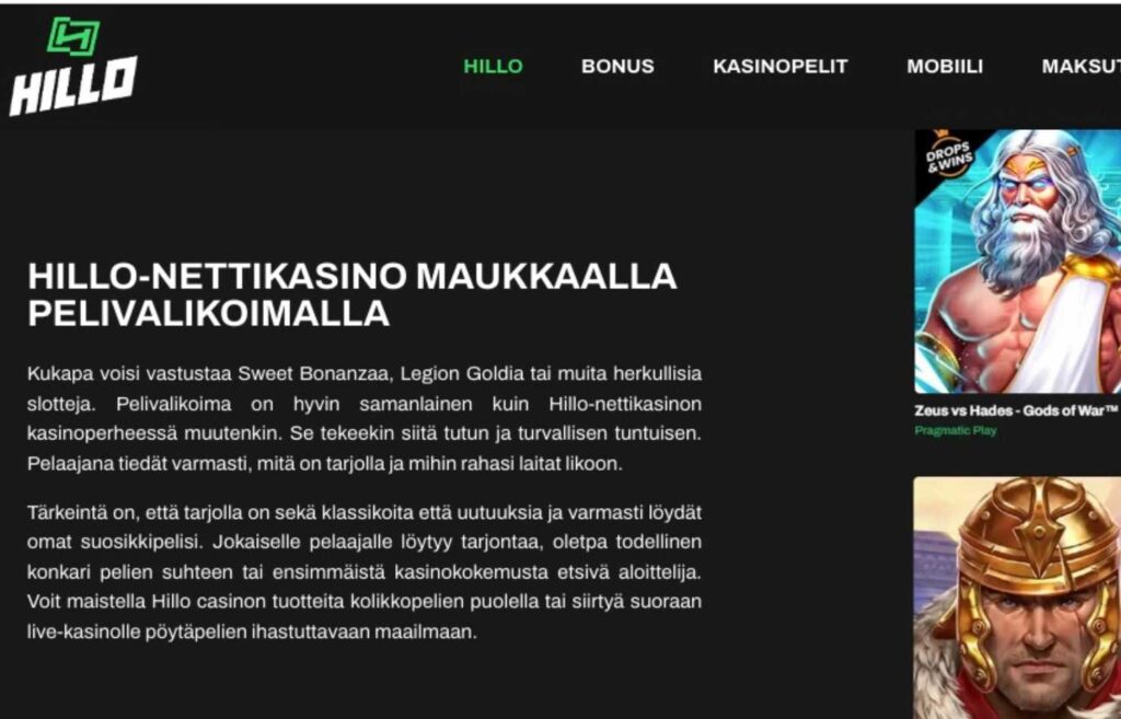 Kuvassa näkyy Brite kasino Hillon kuvaus pelivalikoimasta, teksti ja kuvia peleistä. Brite kasino pelit Ra