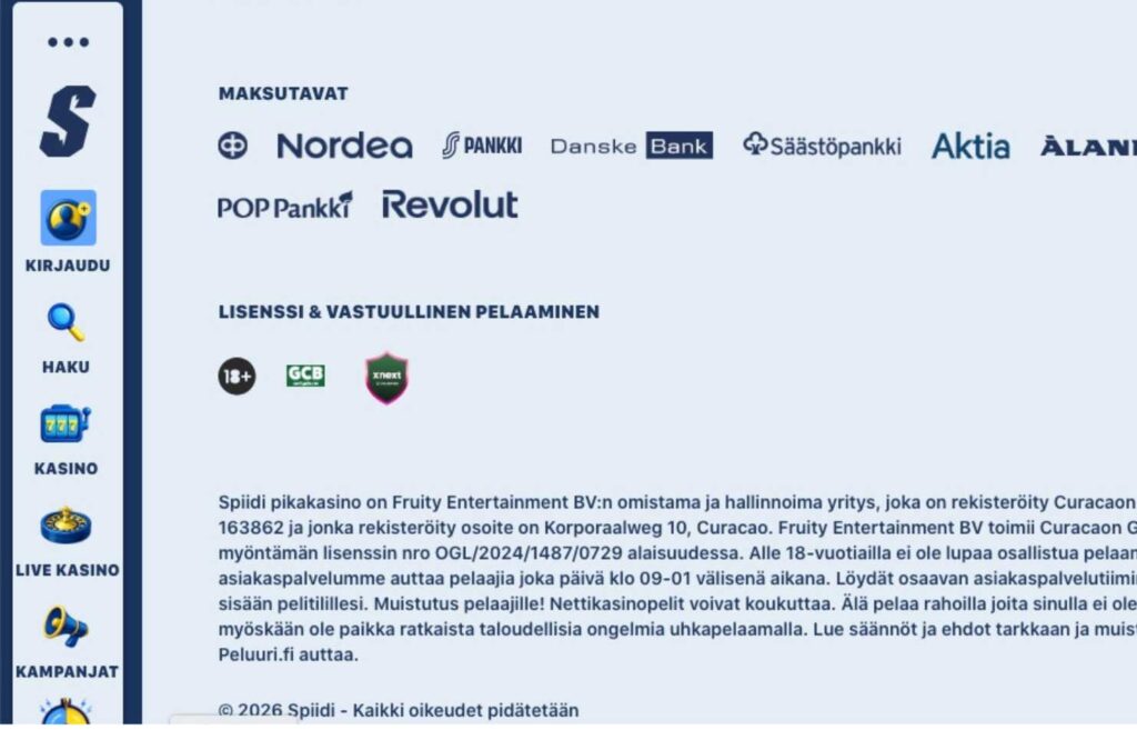Kuvassa Brite kasino Spiidin sivun alaosan lisenssiosio ja vastuullisen pelaamisen linkit, maksutapojen logot. Brite kasinoiden lisenssit ja verovapaus Rahapelisanomat